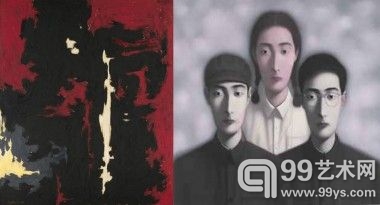 Clyfford Still的作品《1949-A-No. 1》（左）；张晓刚的《血缘：大家庭 第9号》（右）