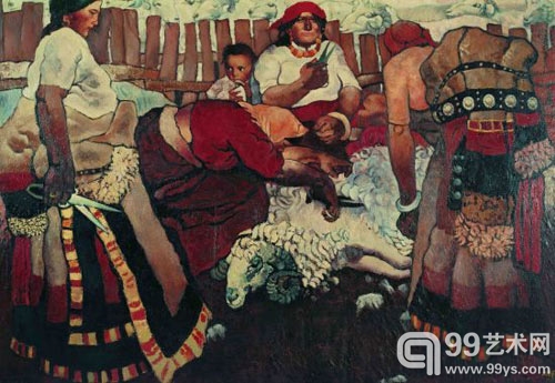 周春芽-同期代表作《剪羊毛》180X250cm-1981年，布面油画