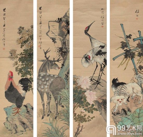 任伯年书画作品四联屏