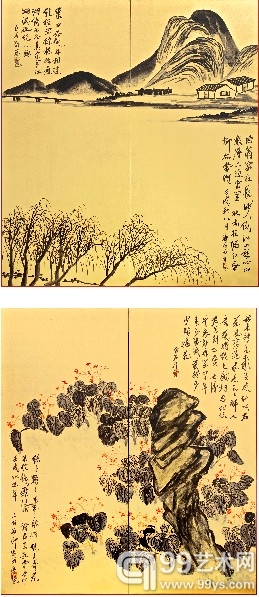 苏富比今年春拍推出的一对齐白石金箴屏风，上为《谿桥柳岸》，下为《海棠秀石》