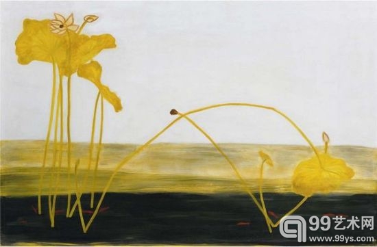 《荷花与金鱼》 油画纤维板 116.8x179cm 1950