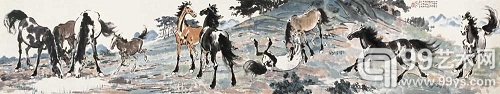 《徐悲鸿 1941年作 春山十骏图 镜心》