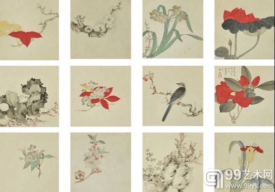 谢稚柳《花卉册页十二开》-20.7x20.9cmx12