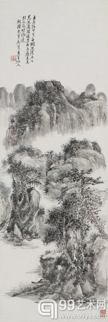 黄宾虹  山居图  设色纸本  镜框 94 x 31.5 cm.