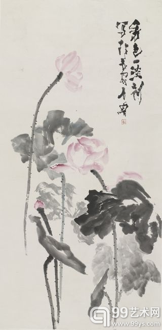 石鲁  粉荷  设色纸本  镜框 137 x 68.5 cm.