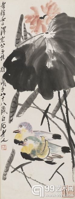 齐白石  《荷花鸳鸯》  设色纸本  镜框   一九四八年作96 x 36 cm