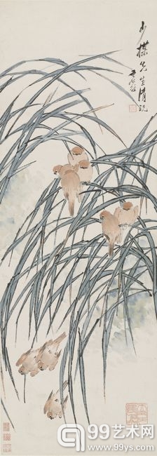 虚谷  《芦塘黄雀》  设色纸本  立轴 103.5×36cm