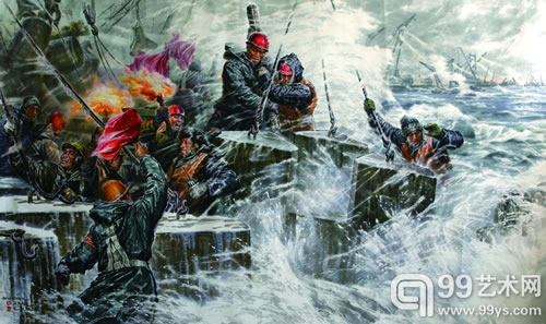 金哲熙、尹建 / Kim Chol Hui, Yun Gon 水坝建设 / Construction of Dams 纸本设色 / Colored ink on Chinese paper 310×180cm 2012