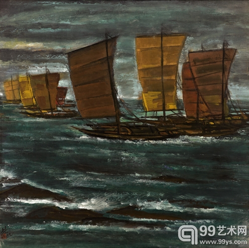 林风眠 渔舟 彩墨纸本 66x66cm