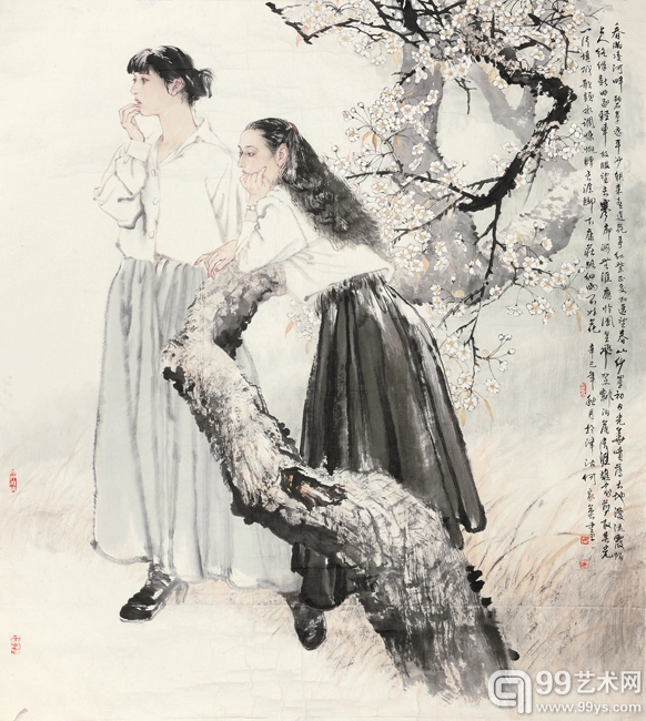 何家英  梅花双清  设色纸本  镜心 168×151cm