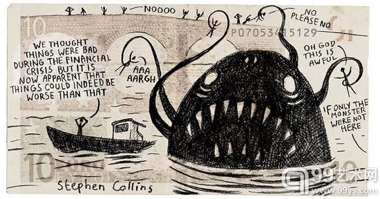 漫画家Stephen Collins作品。小船上的人遇到了怪兽，他们原本以为经济危机已经是个足够糟糕的事情了。