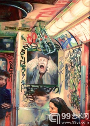 韩辛在1981年到了美国，被地铁上的涂鸦和形形色色的纽约客震撼，创作了组画《纽约地铁》。图为韩辛作品《前所未有的尖叫》。