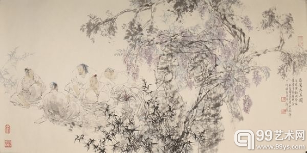 王明明 春阴品茗图 设色纸本 68x136cm 2003年