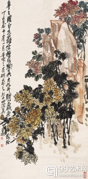 吴昌硕 《菊石图》 设色纸本 镜心 138.5×68.5cm