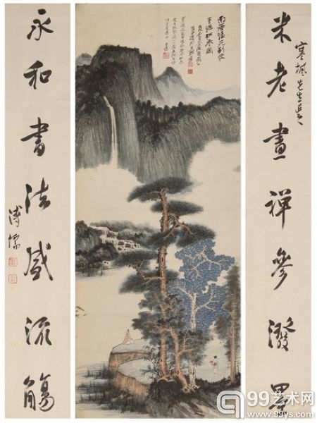 张大千、溥儒 拟董源松泉图 行书七言对联 设色纸本 镜心 121×48.3cm 131×20.5cm×2