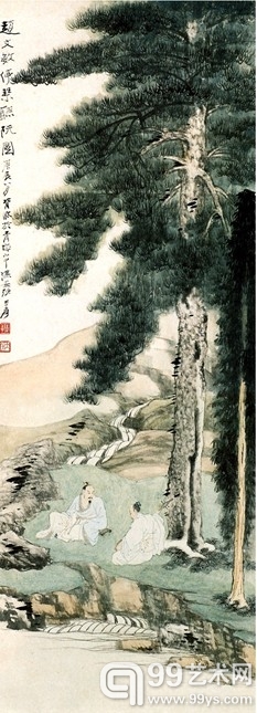 张大千《停琴听阮》