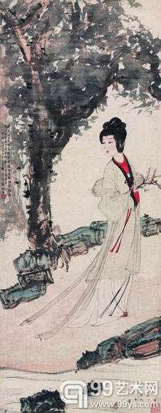 LOT.320 傅抱石《细擘桃花掷流水》设色纸本 镜片 估价：1200-1800万