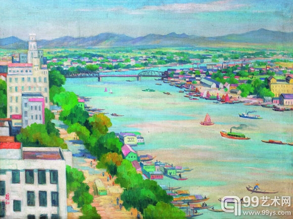 周碧初-俯瞰珠江-布面油画-65x50cm-1961