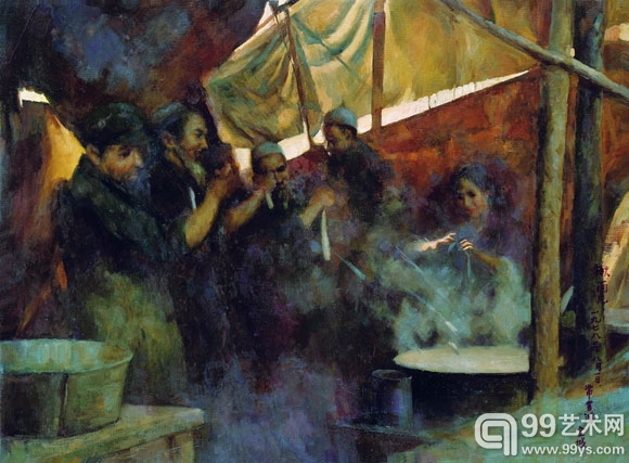 常书鸿-揪面片-布面油画-100x73cm-1978