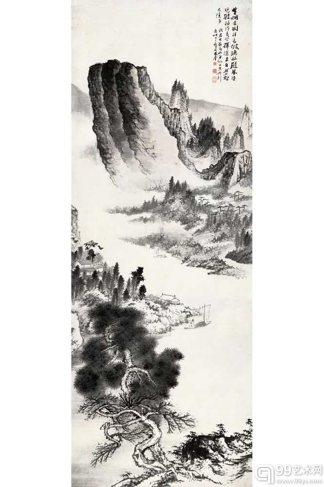 　张大千《赠李秋君晚波渔艇图》