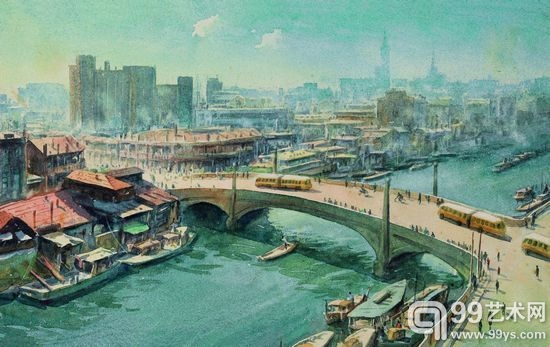 潘思同水彩画《上海苏州河景》（1964年） ，是2012年上海春拍中520件整体拍卖的水彩画之一，该批作品最后未成交。