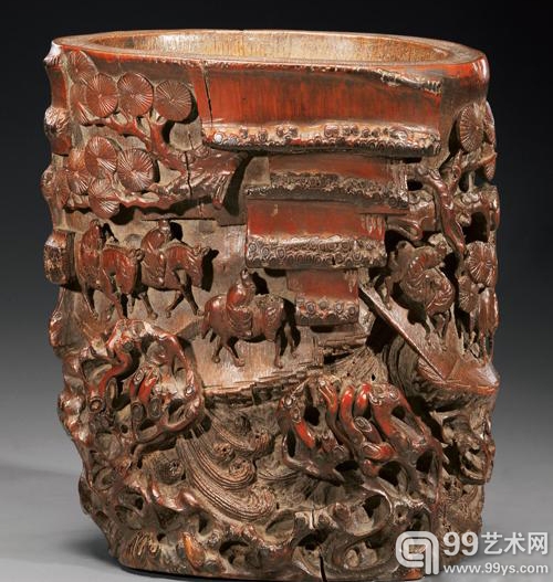 中国嘉德2012年春拍 清早期 竹根雕山水人物大笔筒 69万元成交