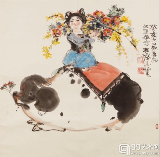 程十发 迎春图 68×68.5cm 设色纸本 镜心