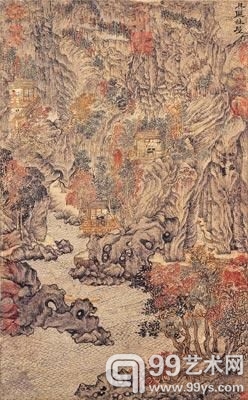 《具区林屋图》，王蒙作 纸本设色，纵68.7厘米，横42.5厘米，现藏于台北故宫博物院