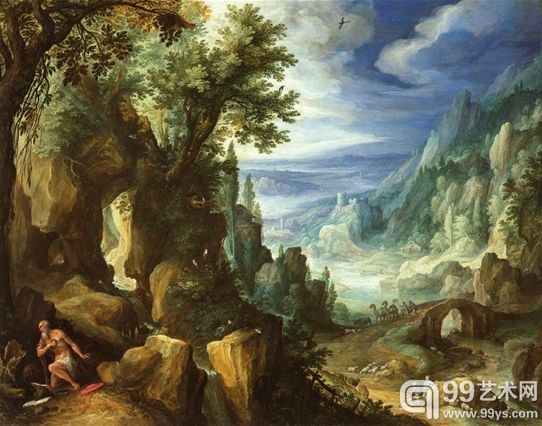 保罗·布利尔（约1554-1626），《圣杰罗姆和山景》（1592），铜版油画，25.7x32.8cm 荷兰皇家海牙博物馆，海牙