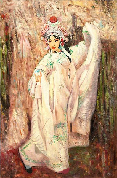米巧铭京剧油画作品《白蛇传之白素贞》 95cm147cm  2011年，布面油画