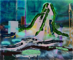 仇晓飞，《绿与绳》，2013， 板上裱布、丙烯、木头和麻绳，201 x 165 cm
