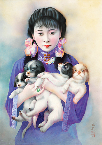 穿紫衣的抱犬女子像