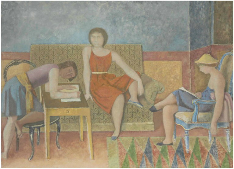 7.巴尔蒂斯(Balthus)的《LES TROIS SOEURS》,成交价321.85万英镑。该作创作于1963-1964年,规格为125.4x170.3cm,原先估价为300-400万英镑。