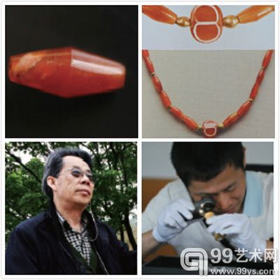 上左：4600 年前的乌尔王墓出土的红玉髓玛瑙制品。下左：吴树上右：西亚竹节形红玉髓玛瑙管，私人藏品。下右：张海青