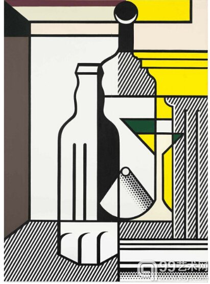 8.罗伊·利希滕斯坦的《PURIST PAINTING WITH BOTTLES》，成交价377.85万英镑。该作创作于1975年，规格为188x137.2cm，先前估价为200-300万英镑。