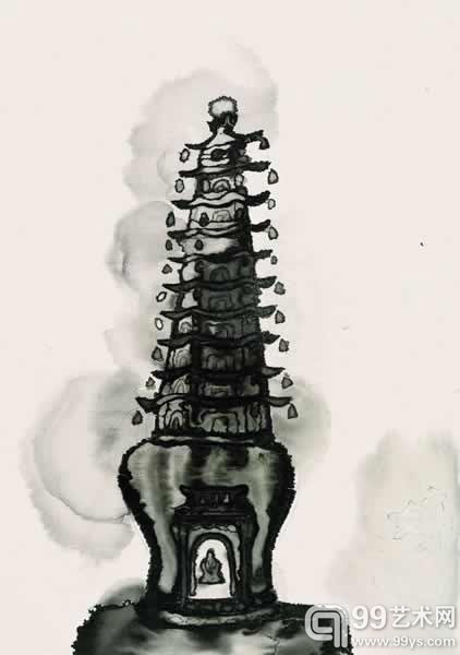 李婷婷《塔》  纸本水墨  33.5×48cm  2013