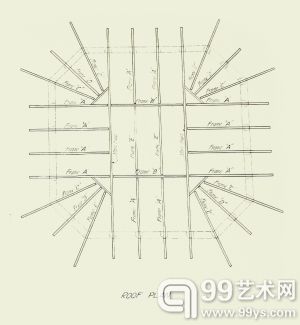 ▲ 武汉大学老图书馆屋顶设计图。 　　▲ 武汉大学老图书馆四楼的钢架结构图。两张设计图都属于本次被评为一级文物的图纸。由美国人开尔斯设计，细节清晰，保存完整。