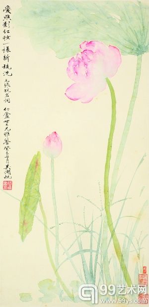 　吴湖帆《花卉四屏》设色纸本屏轴之一52×25cm