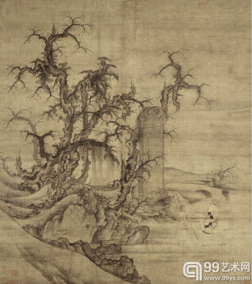 李成--读碑窠石图--绢本