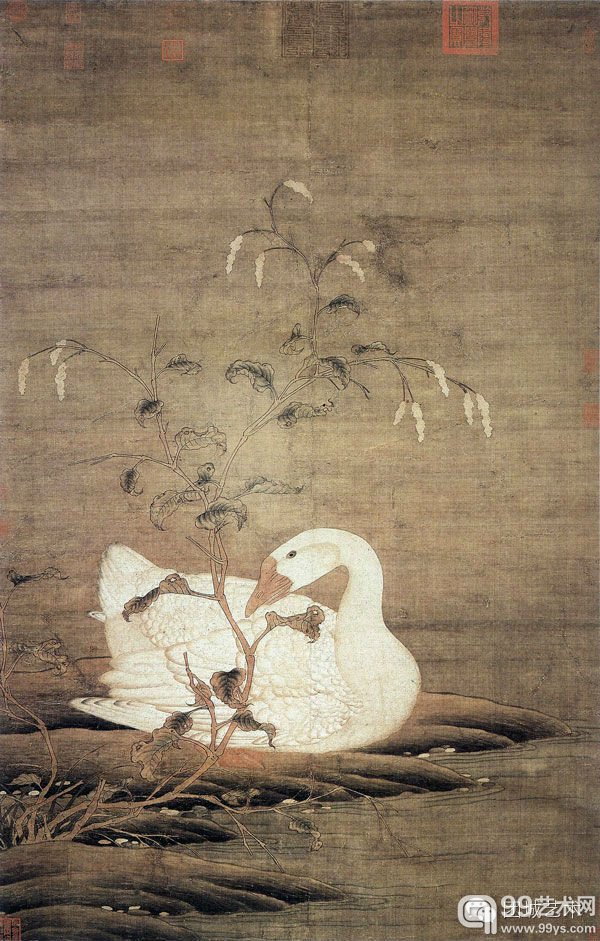 赵佶--红蓼白鹅图轴---绢本