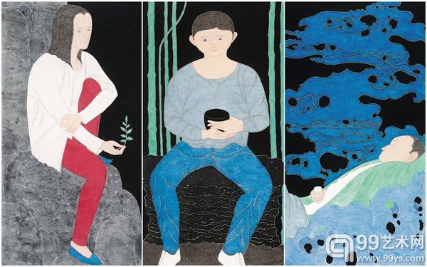 刘琦 《一期一会》2014 纸本水墨设色 187×97cm×3