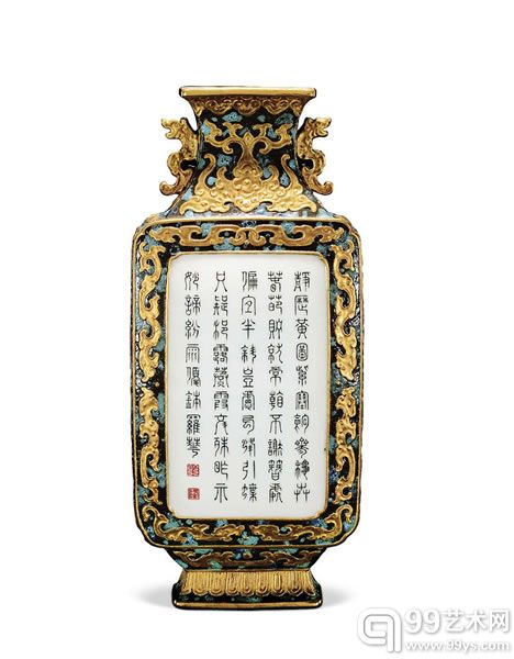 清乾隆 仿古铜釉御制诗文轿瓶