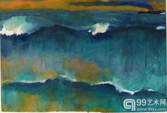 Emil Nolde，“Heavy Seas at Sunset”,约1930-35年，纸上水彩。