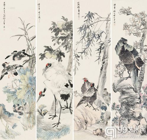 任颐 丁亥（1887）年作 花鸟 四屏	