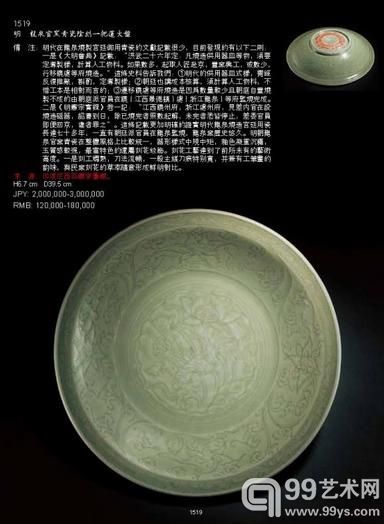 1519 明 龙泉官窑青瓷阴刻一把莲大盘