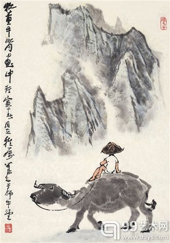 323 lot323 李可染 牧牛图 设色纸本  镜心  65×45cm