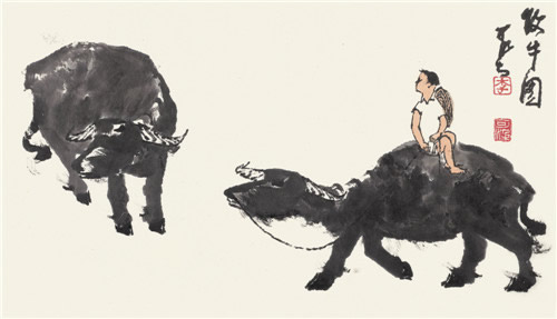321 lot321 李可染 牧牛图 设色纸本  镜心  34.5×60cm