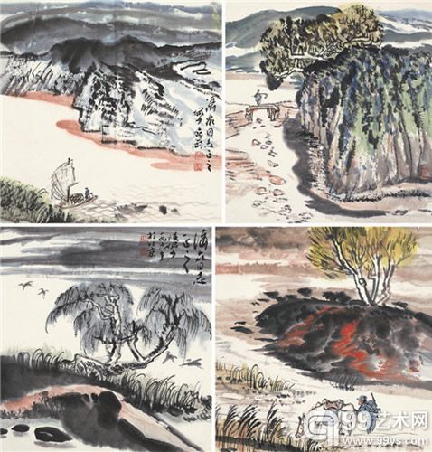 337 lot337 陆俨少 山水四开 设色纸本  册页  25×23cm×4