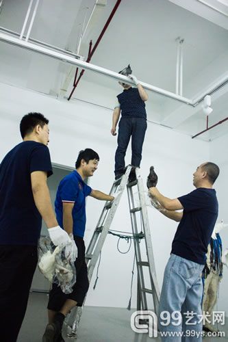 艺术家张大力正在指导工作人员安放“鸽子标本”