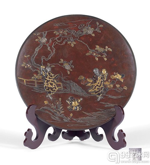 熊谷造 童子拜佛镶金银茶盘 D27.5cm，成交价（含佣金）：RMB172，500